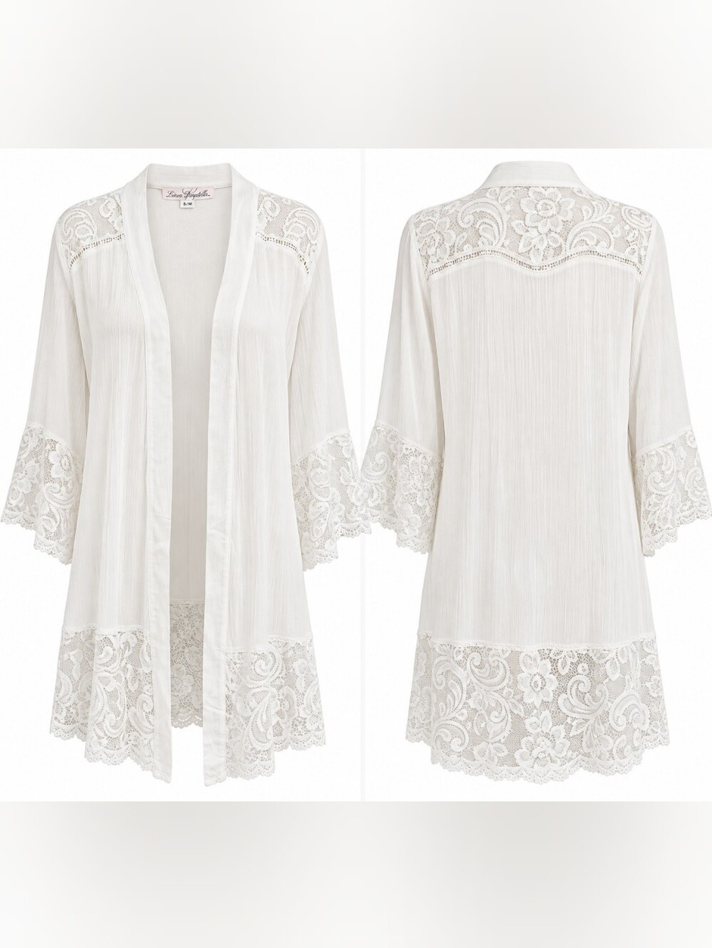 Linea Donatella White Lace Trim Robe Kimono Bridal S/M NWT Coquette Boudoir